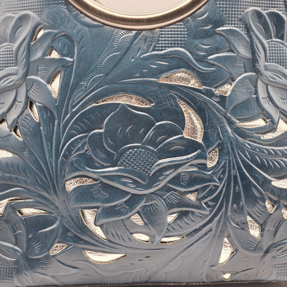 Patricia Nash Aria Caribbean Blue Satchel Bag With Silver Metallic Cutout Floral - Picture 3 of 16
